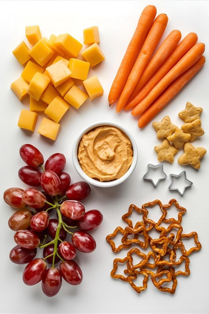 Flat lay collage of snack board ingredients: cheese cubes, grapes, carrots, hummus, mini pretzels, and small cookie cutters.