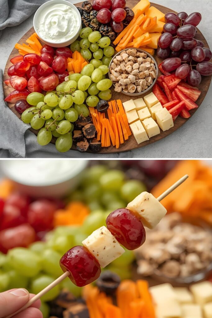 Two images: a wide shot of a full snack board with yogurt dip and a close-up of a fruit and cheese skewer from the board.