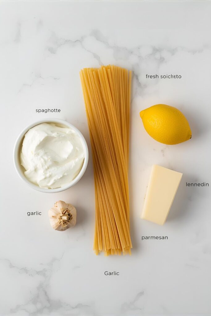 An overhead shot of the 5 simple ingredients for lemon ricotta pasta.