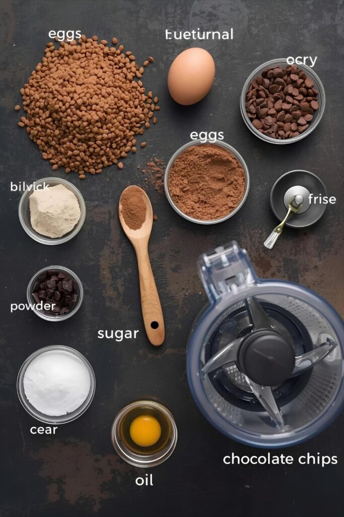 Flat-lay collage of ingredients for lentil chocolate cake: cooked lentils, cocoa powder, eggs, oil, sugar, and chocolate chips.