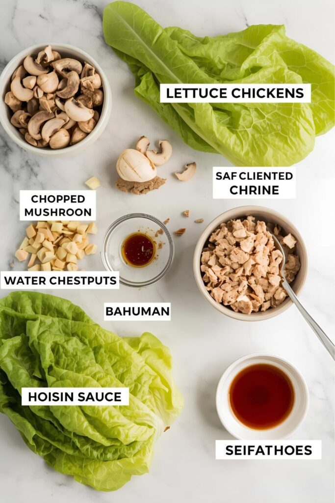 A collage of fresh ingredients used to make homemade PF Chang's lettuce wraps, including chicken, lettuce, and Asian sauces.