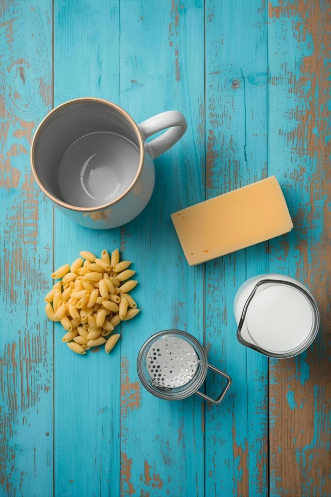 A flat lay of ingredients for mug mac and cheese, including a large mug, elbow macaroni, a block of cheddar cheese, and milk.