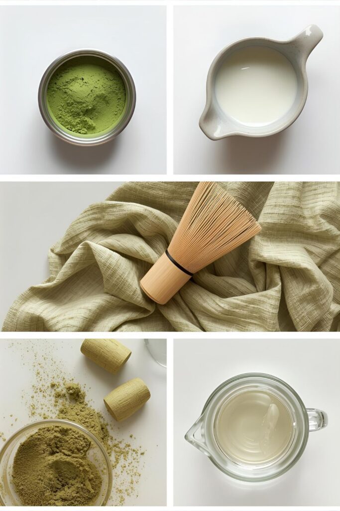 A clean flat lay collage showing the raw ingredients: a tin of ceremonial grade matcha powder, a bamboo whisk (Chasen), hot water in a cup, and a small pitcher of milk, arranged on a minimalist background.