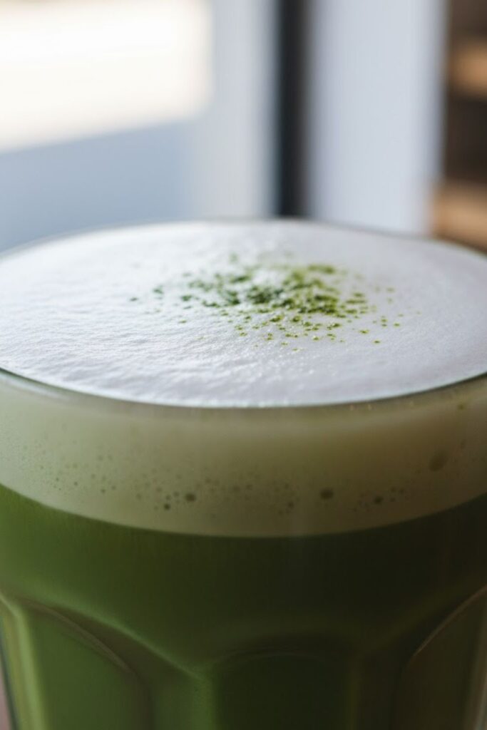 An extreme close-up shot focusing on the smooth, velvety microfoam and vibrant green color of the finished matcha latte