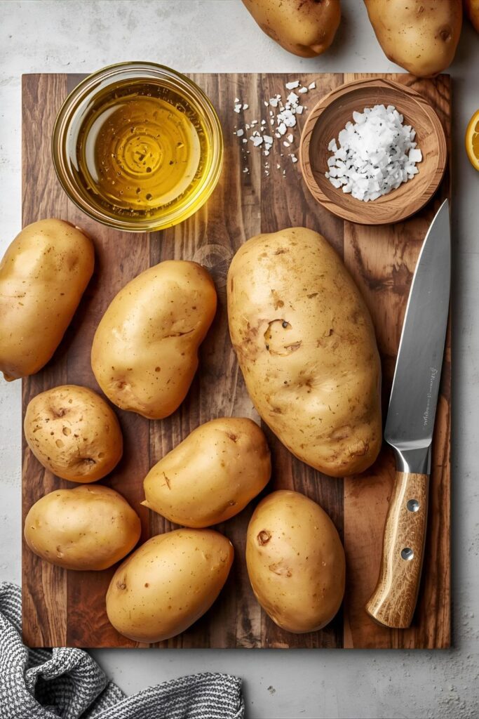 Flat lay of french fry ingredients: russet potatoes, vegetable oil, fine salt, and a slicing knife.