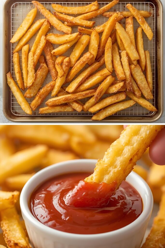 Two images: one wide shot of a large batch of finished fries, and a close-up of a single fry being dipped in ketchup