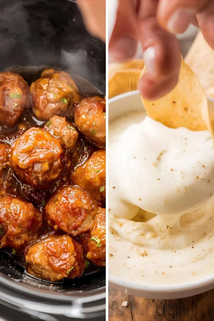 Two contrasting close-up photos: one of a slow cooker full of glazed Sweet & Spicy Meatballs, and the other of a bowl of creamy Queso Blanco dip with a scoop chip dipping in.