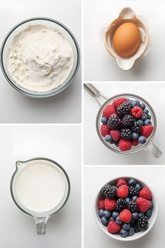 An ingredient collage for mini pancake tacos showing flour, egg, milk, and fresh berries.