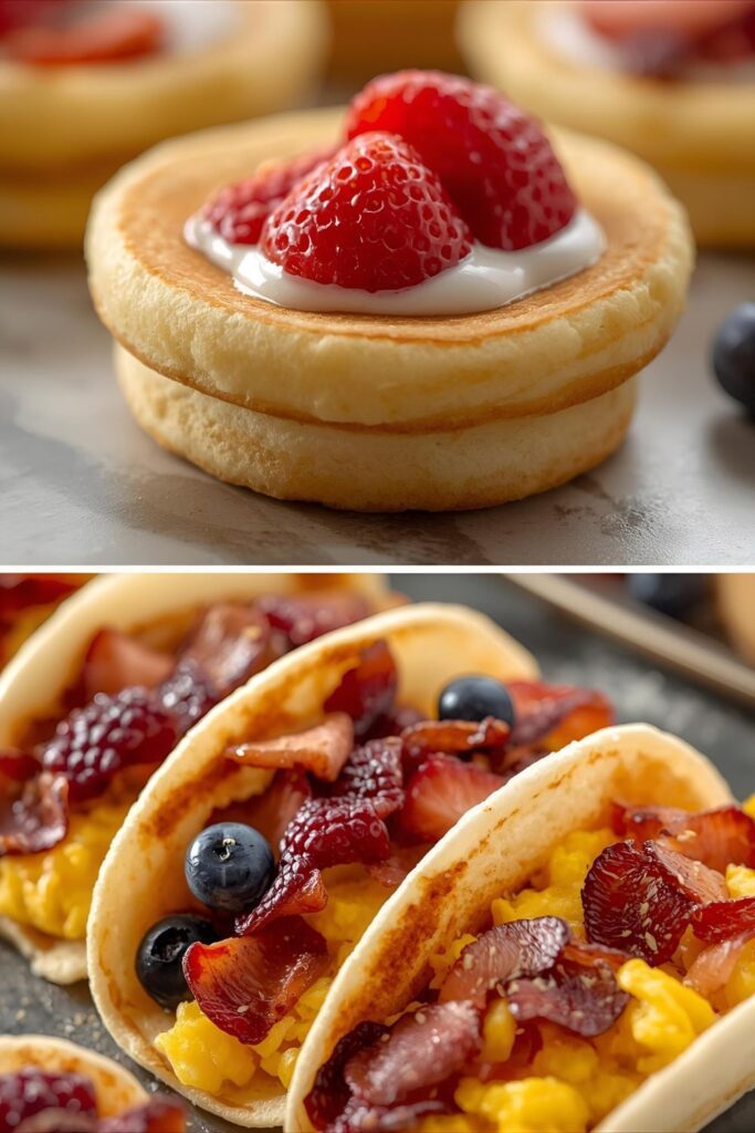 A photo showcasing both sweet mini pancake tacos with berries and savory versions with eggs and bacon.