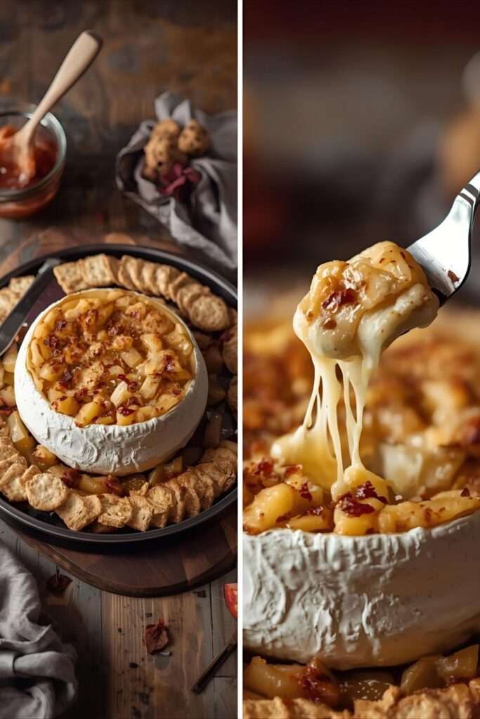 Diptych showing a full baked brie and apple appetizer next to an extreme close-up of the melted, gooey brie being scooped by a cracker.