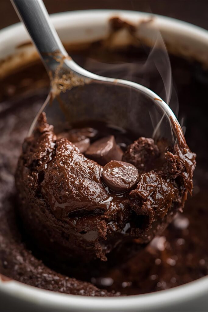 An extreme close-up macro shot of a spoon digging into a molten mug brownie, revealing its gooey, fudgy center.