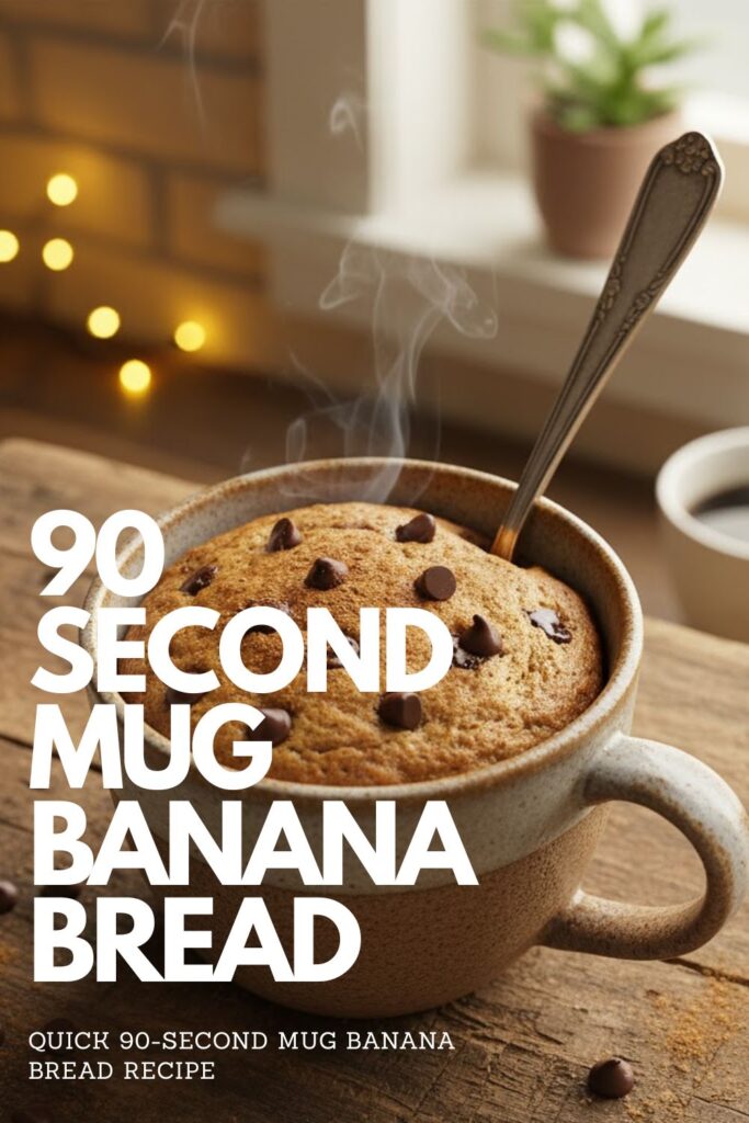 A warm and inviting mug banana bread with a spoon in it, with the title "90-SECOND MUG BANANA BREAD" overlaid.