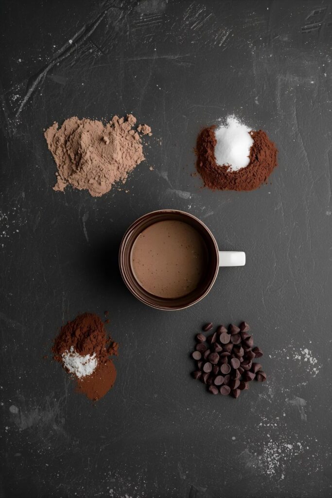 A flat lay of mug brownie ingredients like flour, cocoa, and chocolate chips arranged around a mug on a dark background.