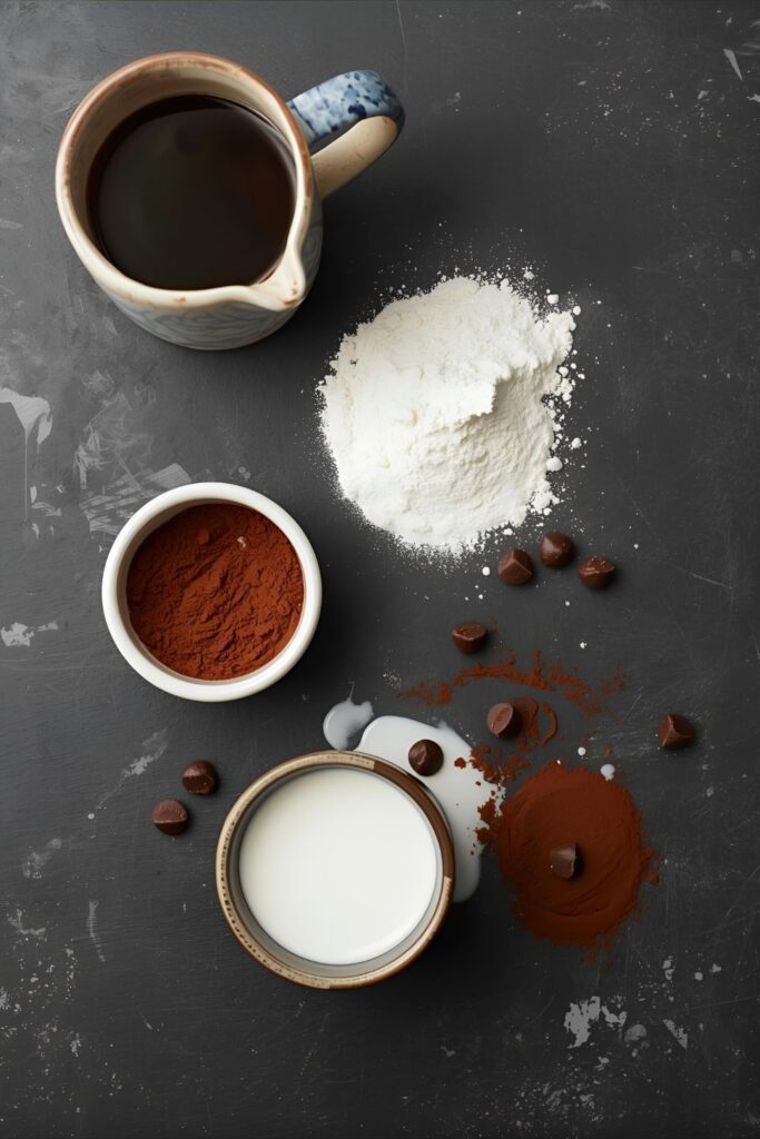 A flat lay of ingredients for a mug cake, including a mug, flour, cocoa powder, milk, and chocolate chips on a dark background.