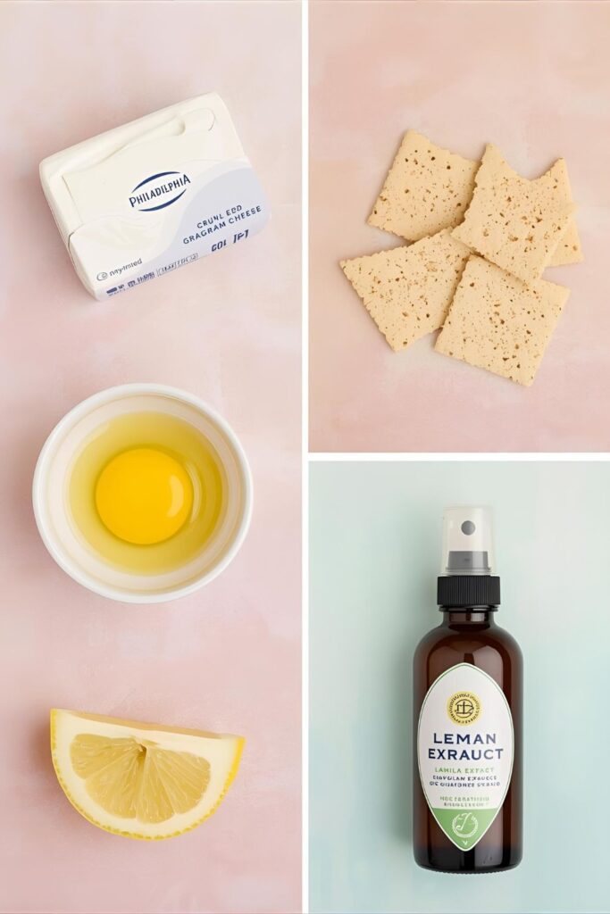 A collage of ingredients for mug cheesecake: cream cheese, graham cracker crumbs, an egg yolk, lemon, and vanilla.