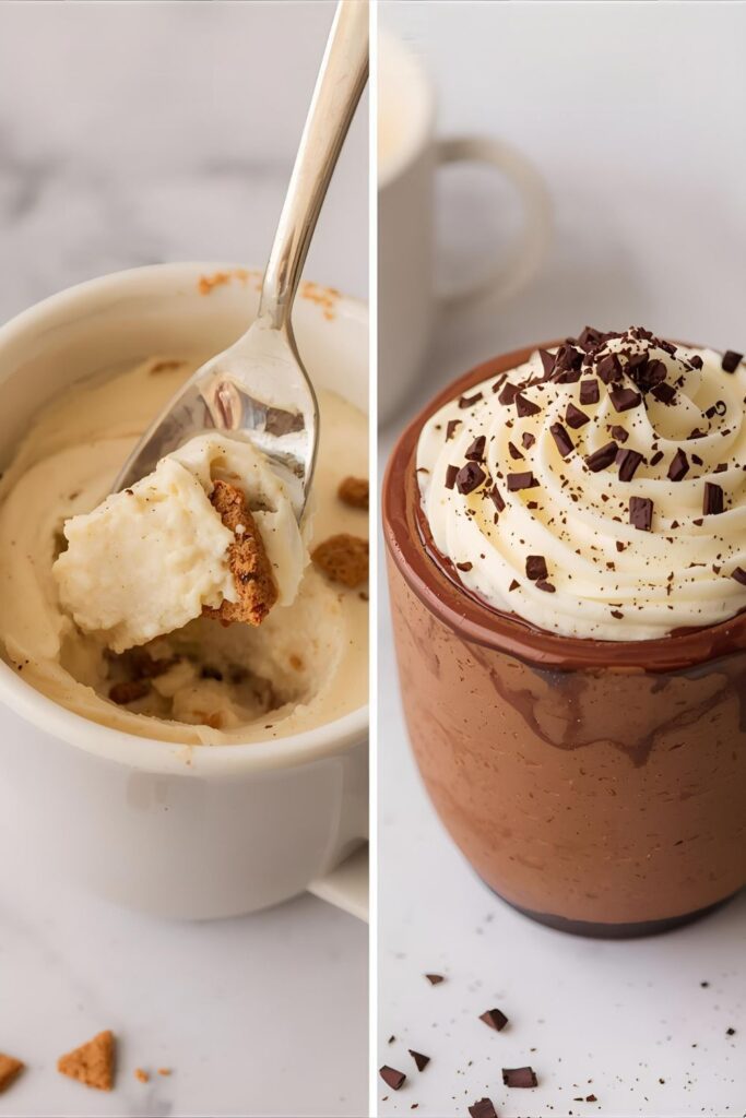 Two variations of mug cheesecake side-by-side: one classic and one chocolate, showing different toppings and textures.
