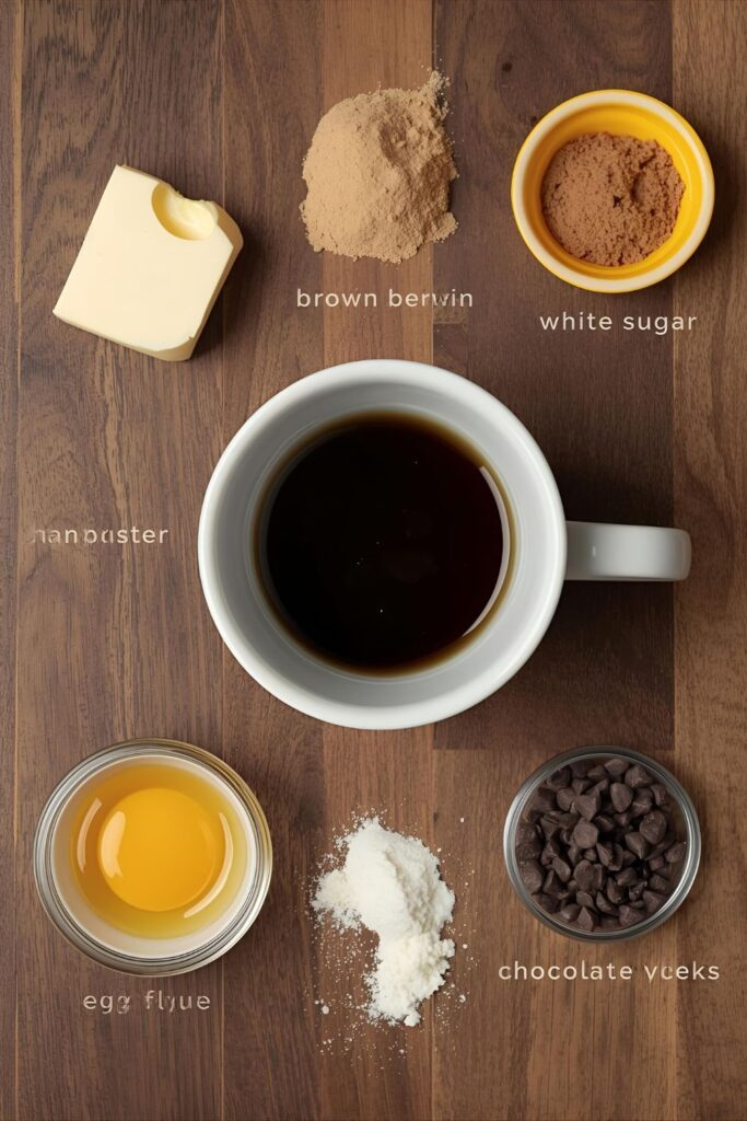 A collage of the single-serving ingredients for a mug cookie: butter, sugar, egg yolk, flour, and chocolate chips.