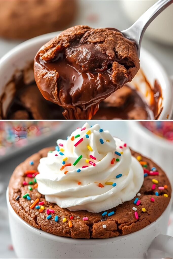 A two-part image showing the gooey, melty texture of a chocolate chip mug cookie and a colorful "Funfetti" variation.