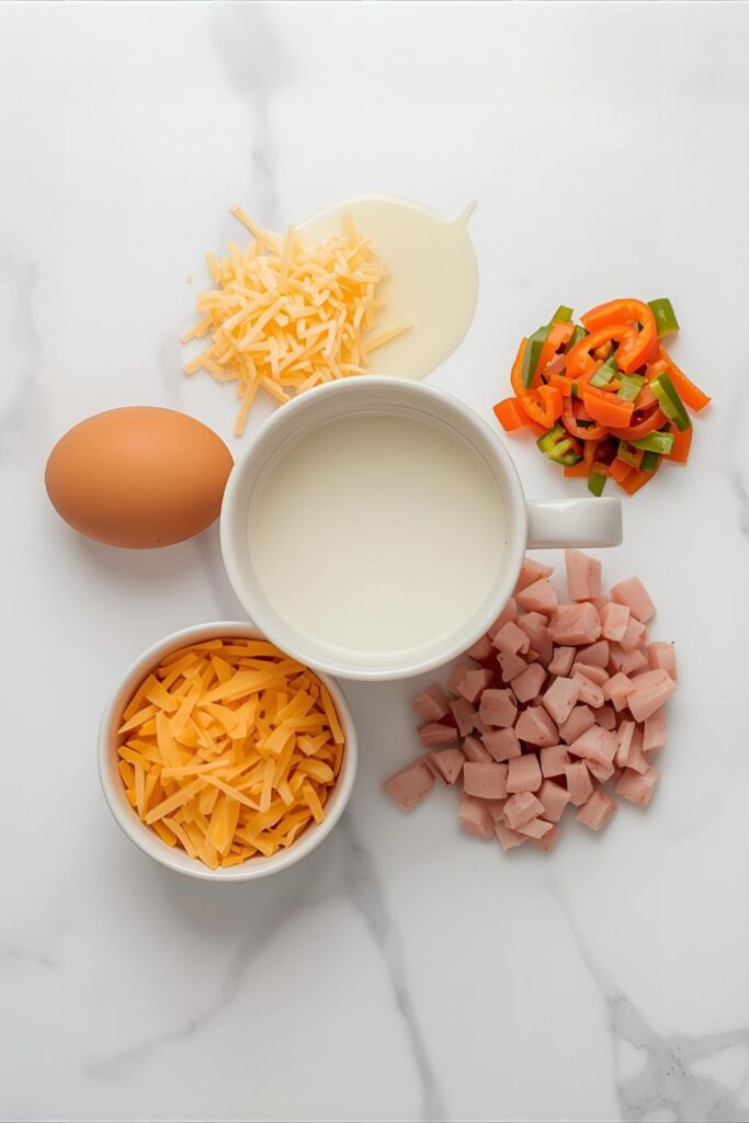 An extreme close-up shot of a fork digging into a fluffy mug omelette, showing the light, airy texture and melted cheese.