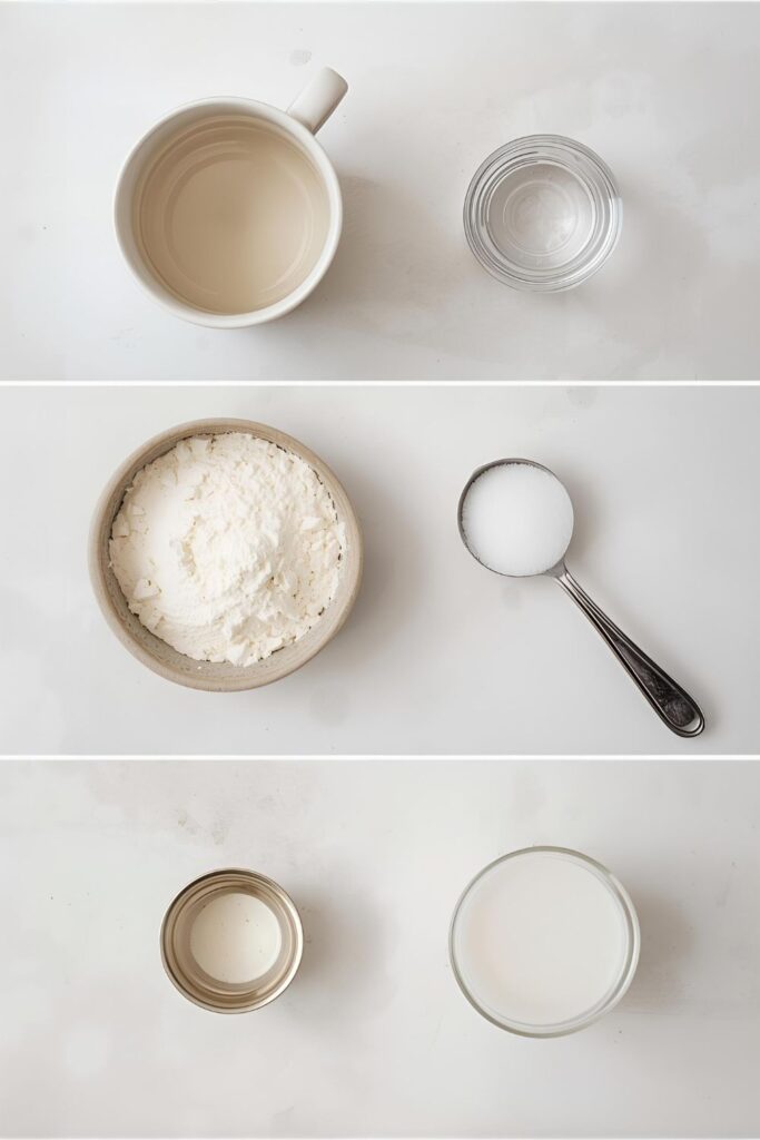 A collage of ingredients for a mug pancake: a mug, fork, flour, sugar, and milk.