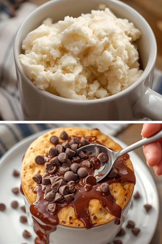 A two-part image showing the fluffy texture of a classic mug pancake and a close-up of a chocolate chip version.