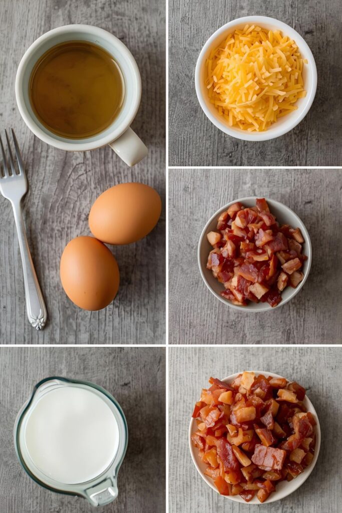 A collage of ingredients for a mug quiche: a mug, eggs, cheese, bacon, and milk.