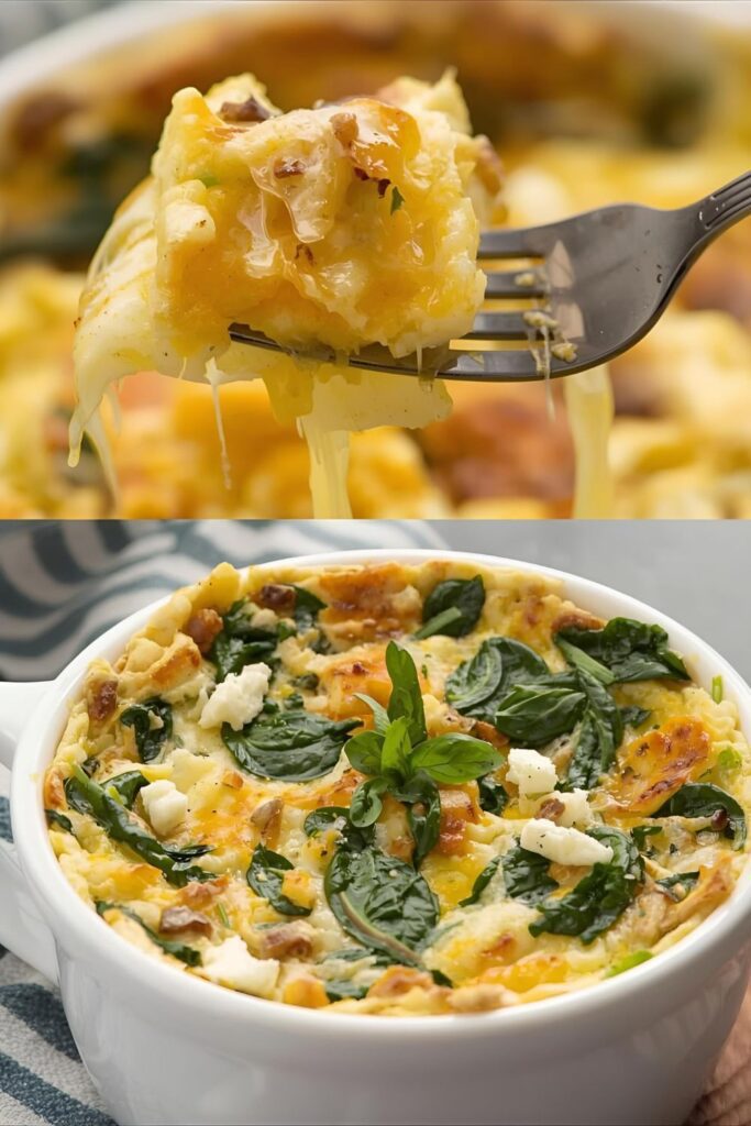 A two-part image showing the fluffy texture of a classic mug quiche and a close-up of a spinach and feta version.