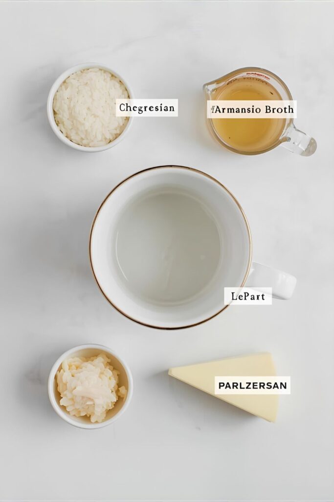 A collage of the essential ingredients for mug risotto: a mug, Arborio rice, broth, and Parmesan cheese.