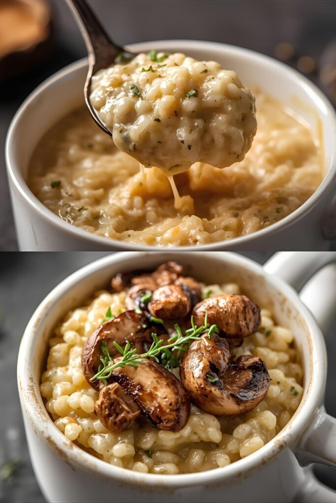 A two-part image showing a close-up of the creamy texture of mug risotto and a mushroom risotto variation.