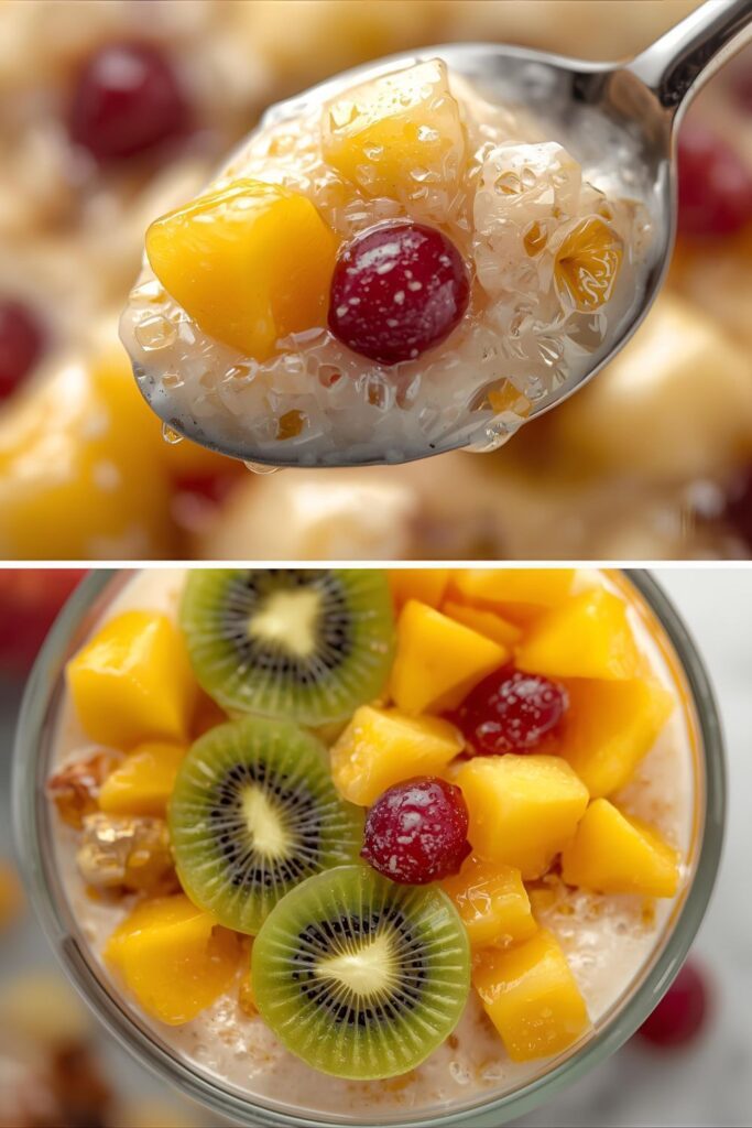 A two-part image showing a close-up spoonful of Nature's Cereal and a tropical fruit variation of the recipe.