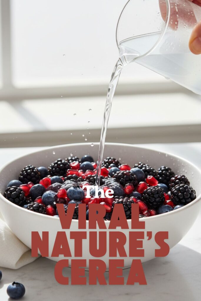 A colorful bowl of Nature's Cereal with coconut water being poured in, with the text "The Viral Nature's Cereal."