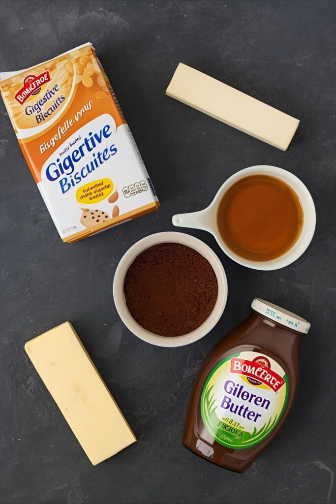 A collage of the ingredients for a no-bake chocolate biscuit cake: biscuits, butter, cocoa powder, and syrup.