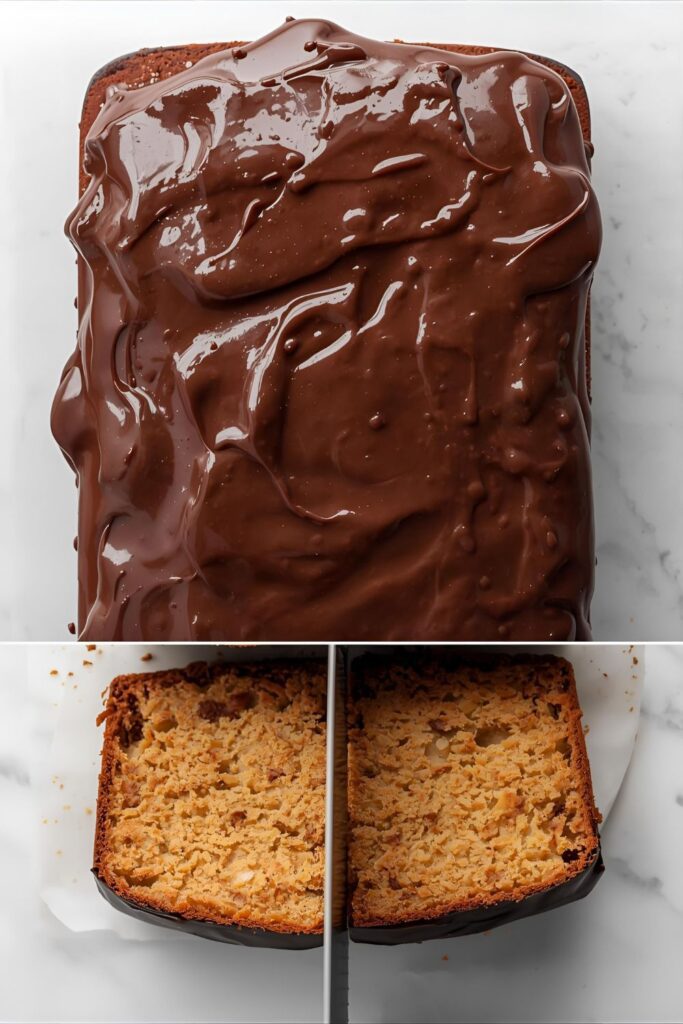 A two-part image showing the whole no-bake cake with ganache and a close-up of the cake being sliced to reveal the texture.