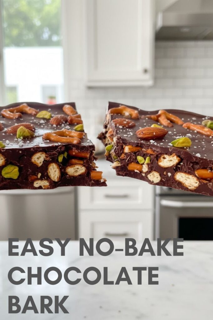 A piece of no-bake chocolate bark with pretzels and nuts being snapped in half, with the title "EASY NO-BAKE CHOCOLATE BARK" overlaid.