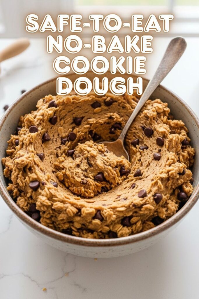 A bowl of safe-to-eat no-bake cookie dough with a spoon in it, with the title "SAFE-TO-EAT NO-BAKE COOKIE DOUGH" overlaid.