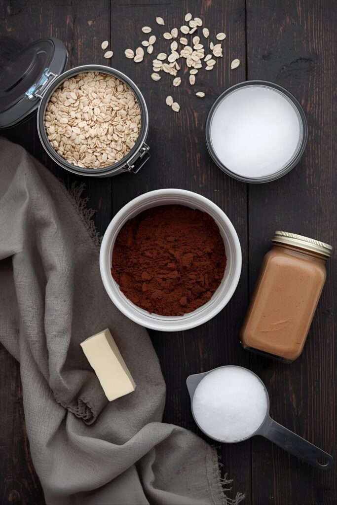  A flat lay of the ingredients for no-bake cookies, including oats, cocoa powder, peanut butter, and sugar, on a rustic counter.