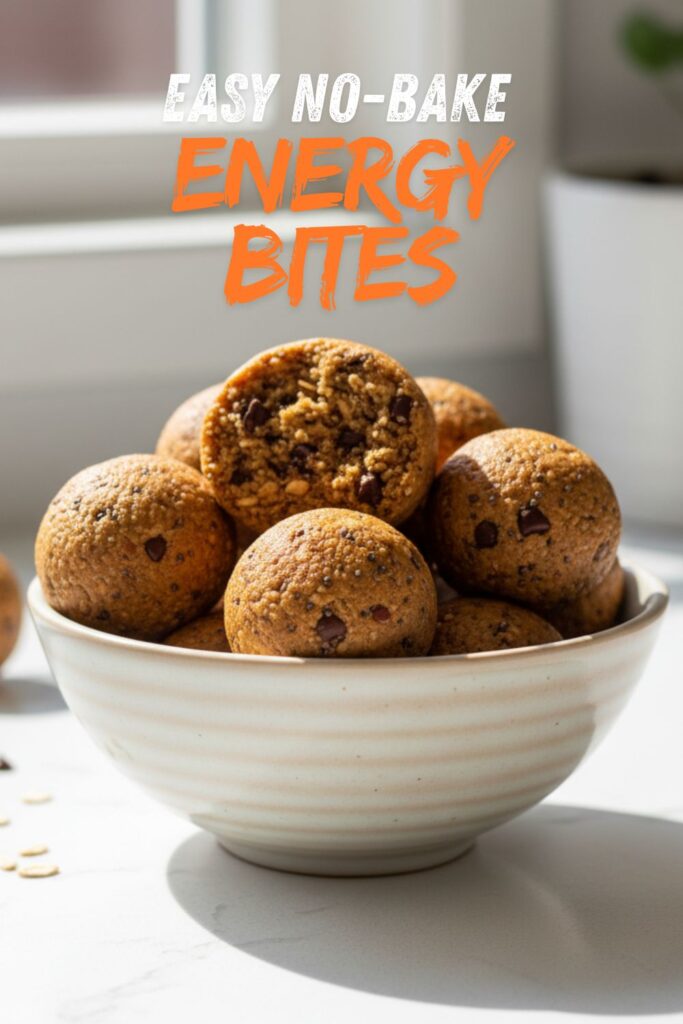 A bowl of delicious no-bake energy bites with a text overlay that reads "Easy No-Bake Energy Bites."