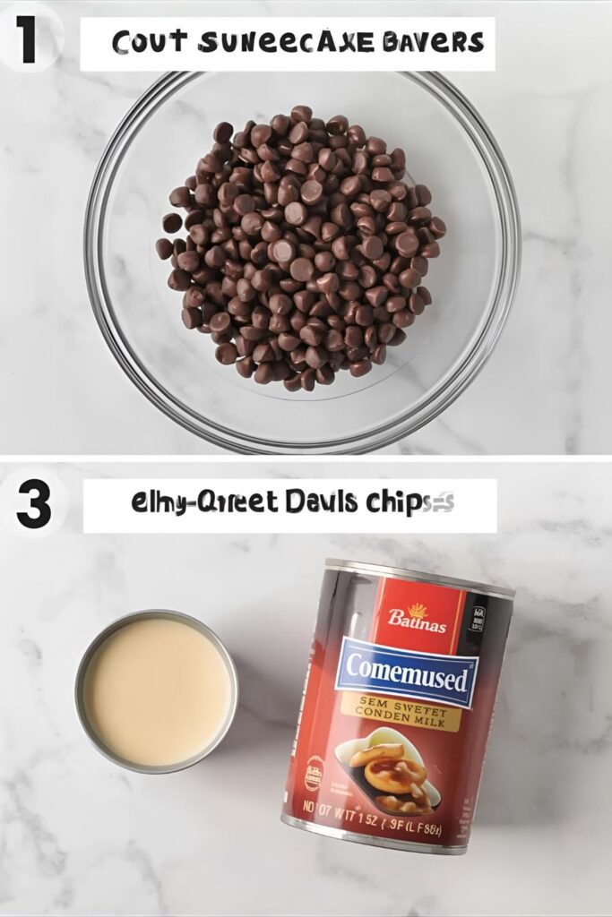 A collage of the two main ingredients for no-bake fudge: chocolate chips and sweetened condensed milk.