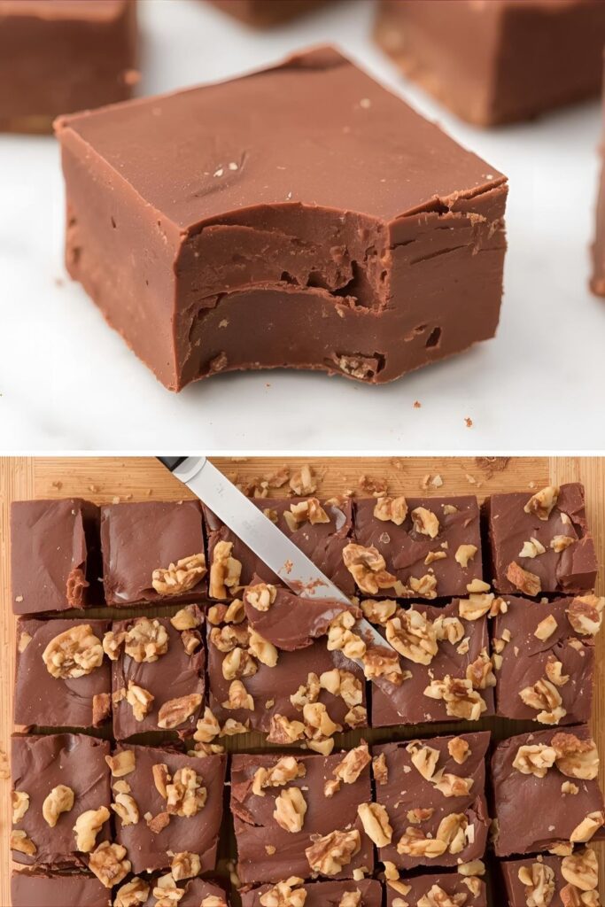 A two-part image showing the creamy texture of plain no-bake fudge and a nutty variation being sliced.