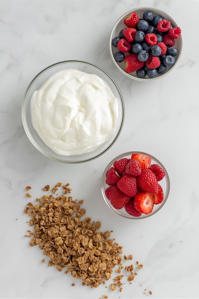 A collage of the ingredients for a no-bake parfait: Greek yogurt, mixed berries, and granola.