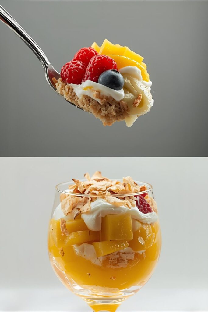 A two-part image showing a close-up spoonful of a berry parfait and a tropical mango variation of the recipe.