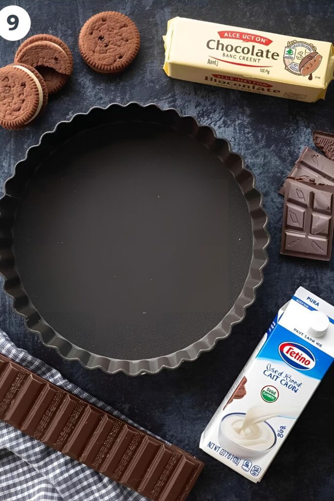 A collage of the ingredients for a no-bake chocolate tart: cookies, butter, dark chocolate, and heavy cream.