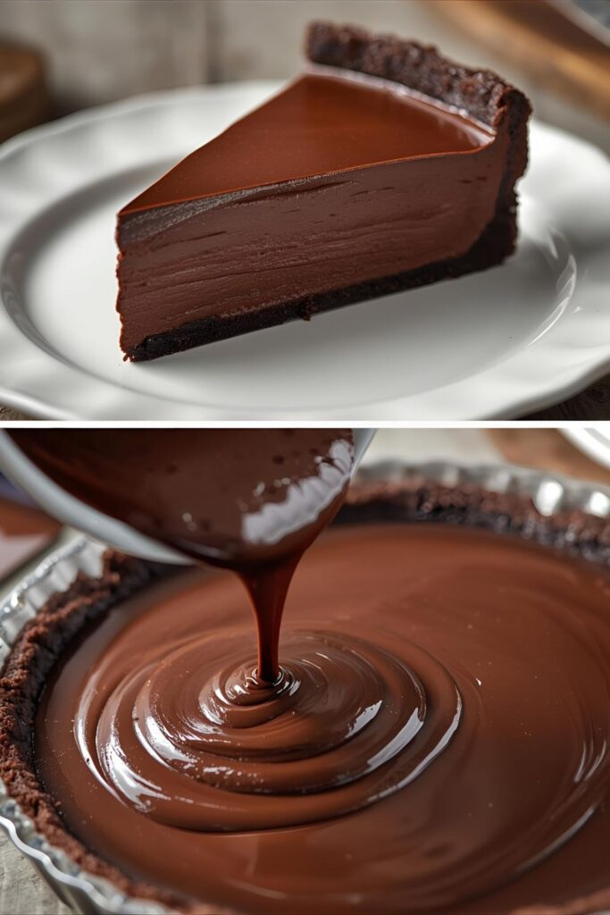A two-part image showing a perfect slice of the no-bake chocolate tart and the process of pouring the ganache filling.