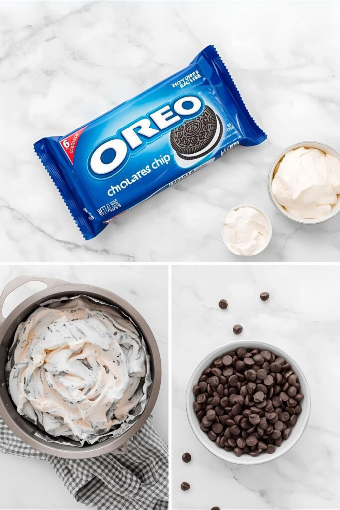 A collage of the three ingredients for no-bake truffles: Oreo cookies, cream cheese, and chocolate chips.