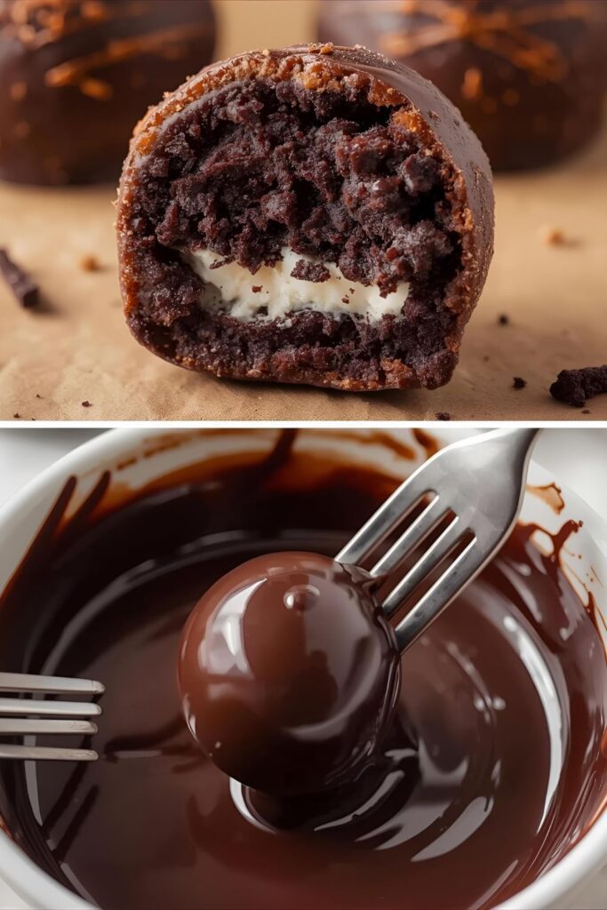 A two-part image showing the creamy inside texture of a no-bake truffle and the process of dipping one in melted chocolate.