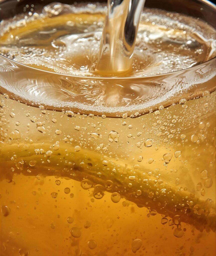 An extreme close-up shot focusing on the fizz and bubbles in a freshly poured glass of homemade kombucha, highlighting the light color and carbonation