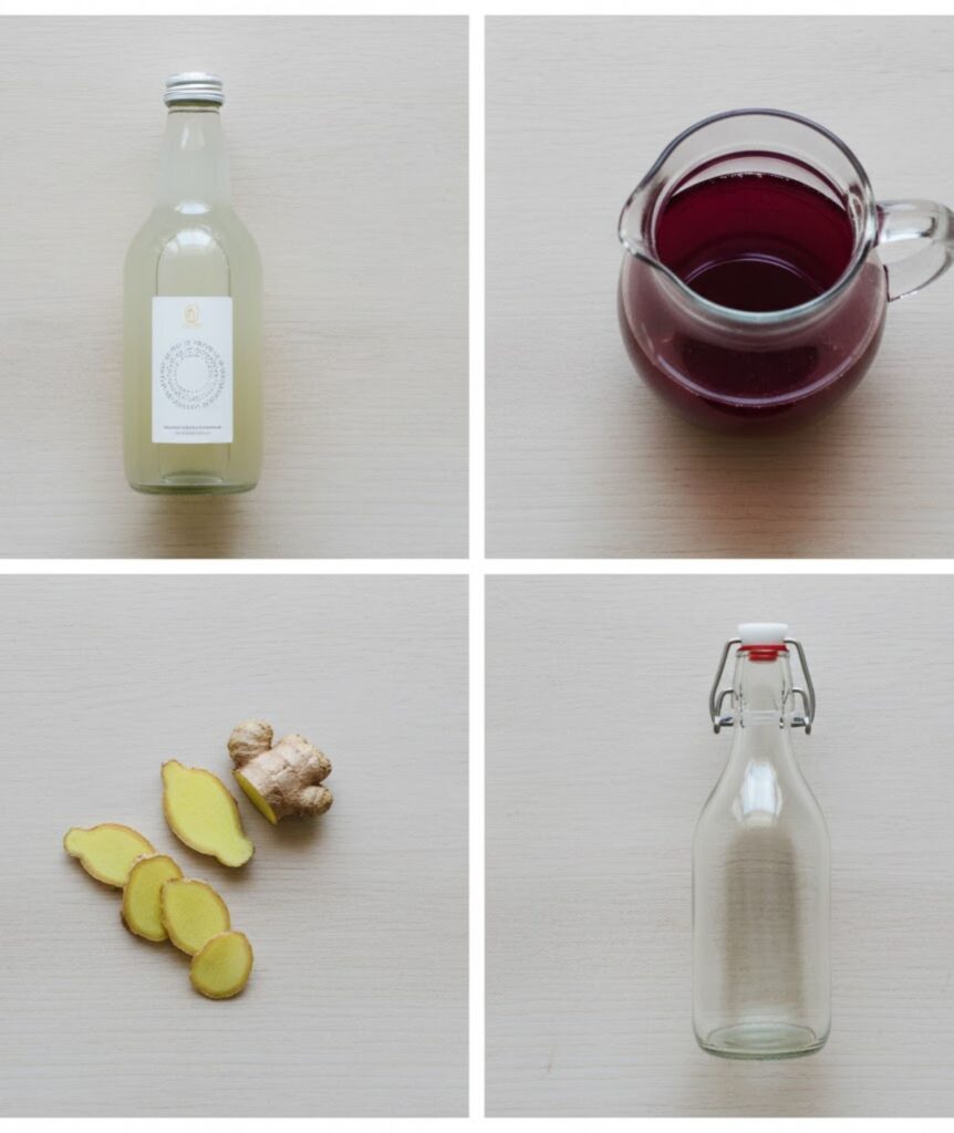 A clean flat lay collage showing the raw ingredients: a bottle of plain kombucha, a glass of fruit juice, slices of fresh ginger, and an empty swing-top bottle, arranged on a rustic table.