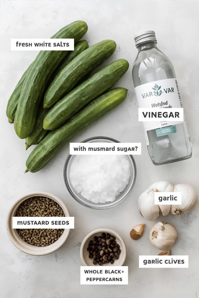 A clean flat lay collage showing fresh pickling cucumbers, white vinegar, kosher salt, granulated sugar, mustard seeds, dill seeds, and garlic, arranged on a light background.