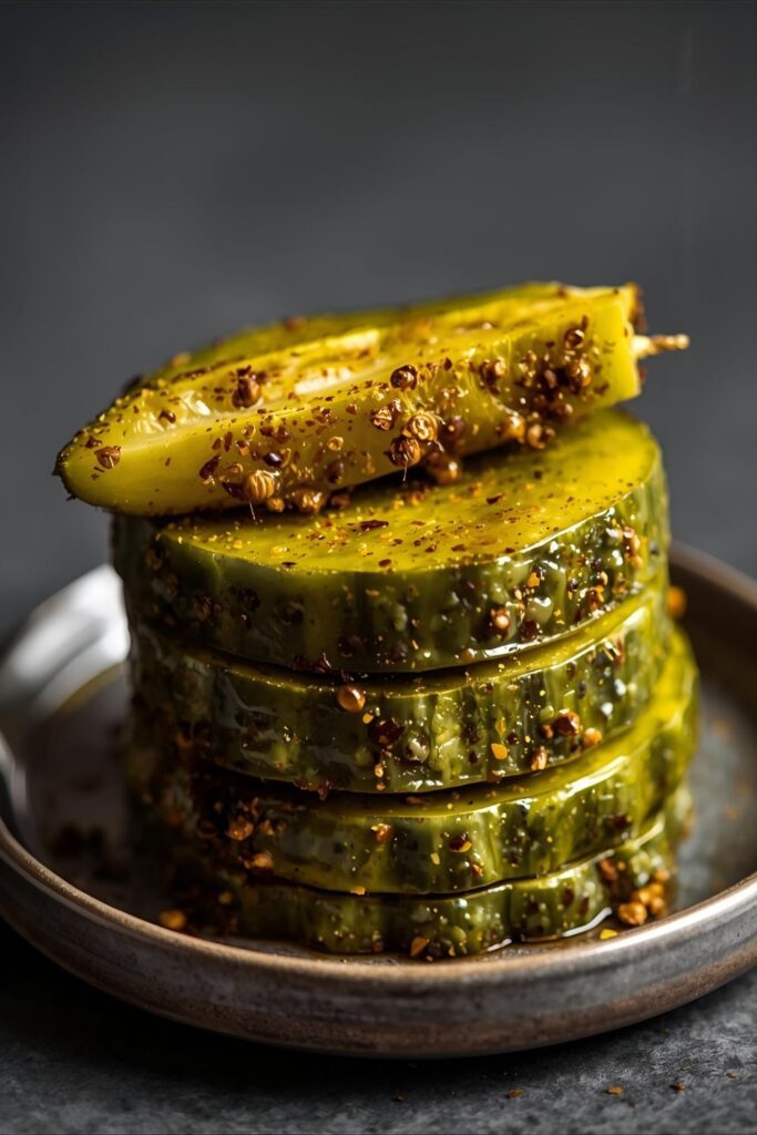 An extreme close-up shot focusing on the crisp texture of a sliced homemade overnight pickle, showing its vibrant green color and inner structure