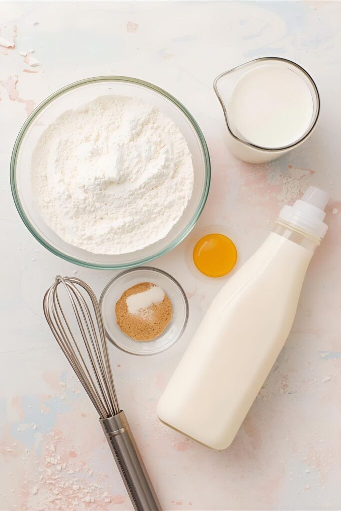 A flat lay of pancake cereal ingredients, including flour, an egg, and milk, alongside a crucial squeeze bottle filled with batter.